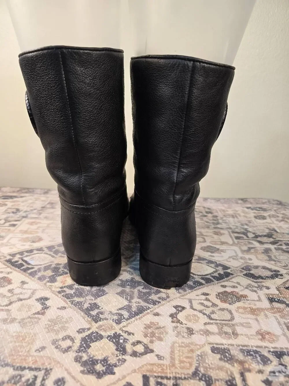 Tory Burch Hallie Mid Shaft Logo Black Leather Riding Boots Women's Size 7.5